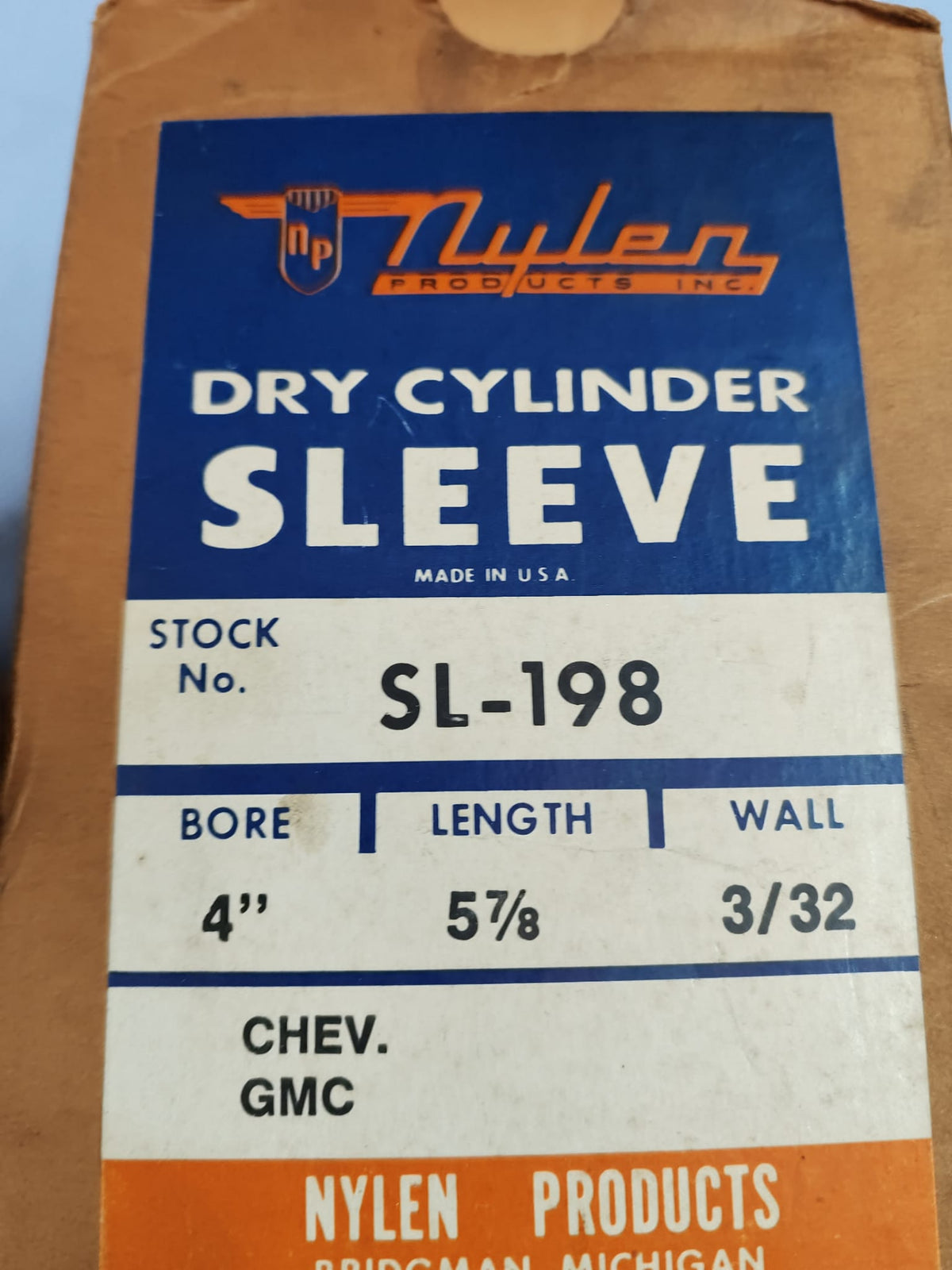 Nylen SL-198 Trockenlaufbuchse Zylinderlaufbuchse – Originalverpackung mit Etikett, Bohrung 4 Zoll, Länge 5-7/8, Wandstärke 3/32, Chevrolet GMC